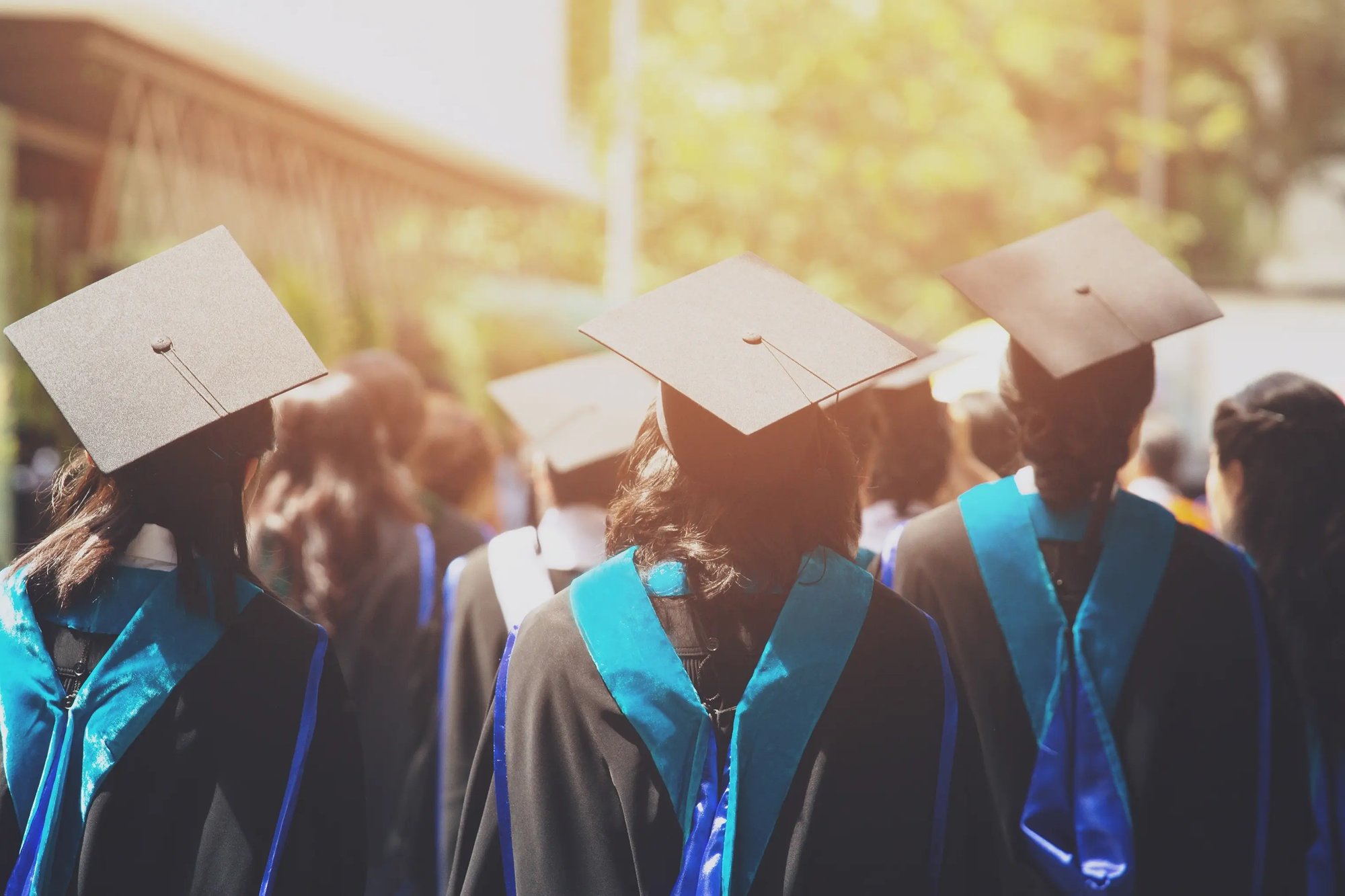 college graduates facing away from camera with caps on.