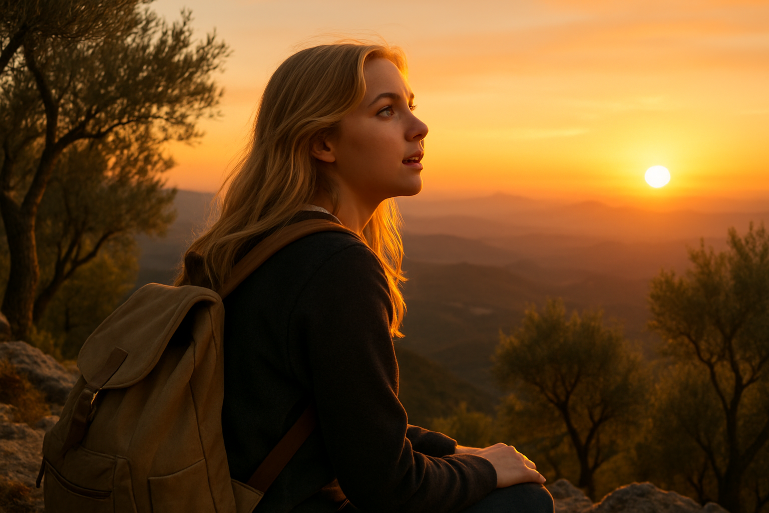photographic a female student with blonde hair looking into a sunset from a mountain top with olive trees The student should look inspired